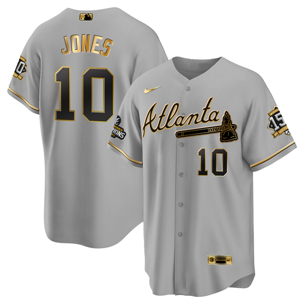 Men's Atlanta Braves #10 Chipper Jones 2021 Gray/Gold World Series Champions With 150th Anniversary Patch Cool Base Stitched Jersey